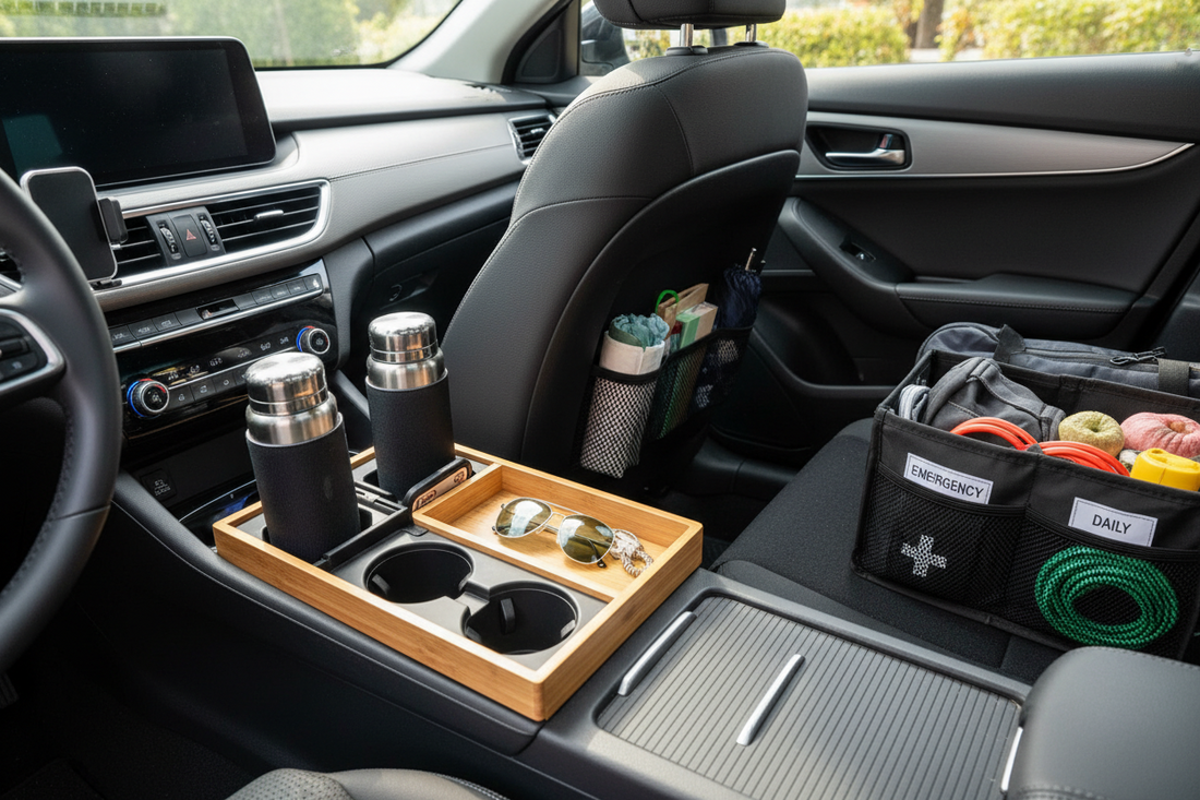 Vehicle interior highly organised with accessories